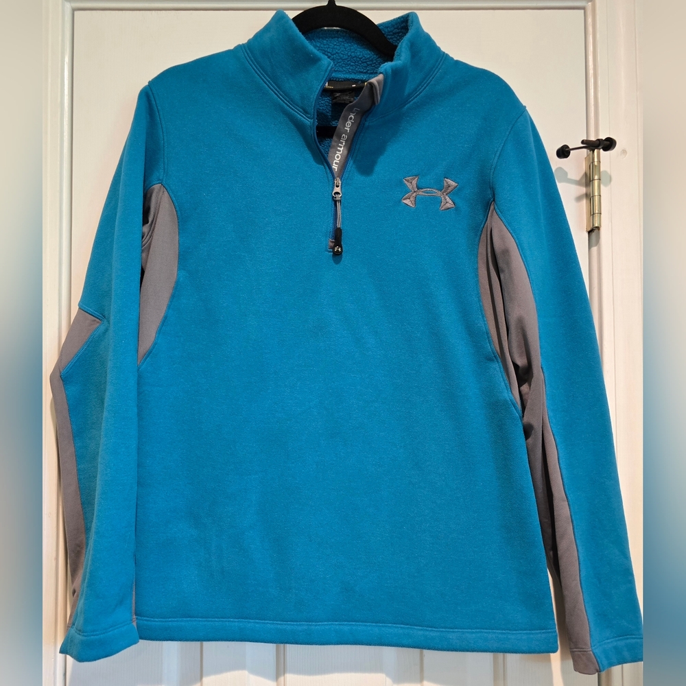 Women's Under Armour Sz S Semi-Fitted Fleece Lined 1/4 Zip Pullover Teal & Grey
